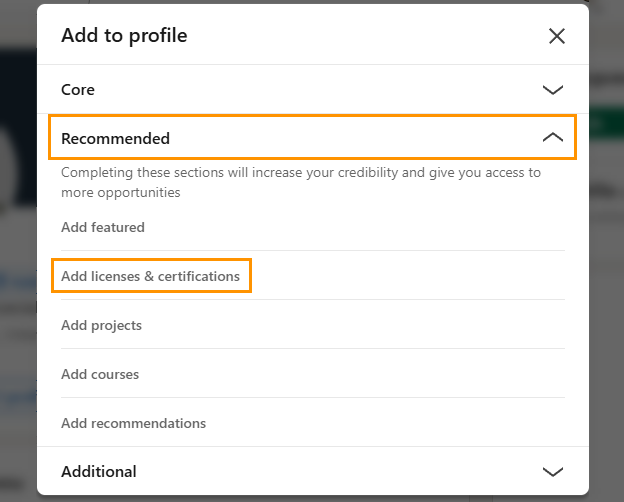 LinkedIn | Add to profile pop-up | Recommended section expanded | select Add licenses & certifications