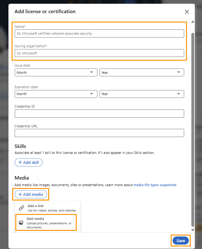 LinkedIn | Add licenses or certification window | Fill in the required fields and the media at the bottom