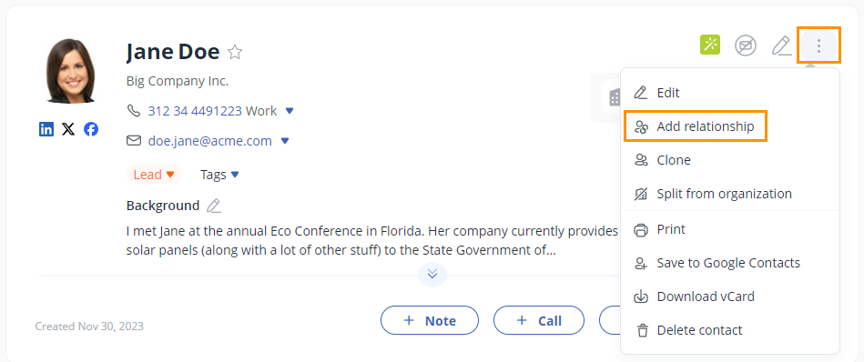 OnePageCRM | Contact profile | 3-dots menu extended | Add relationship highlighted