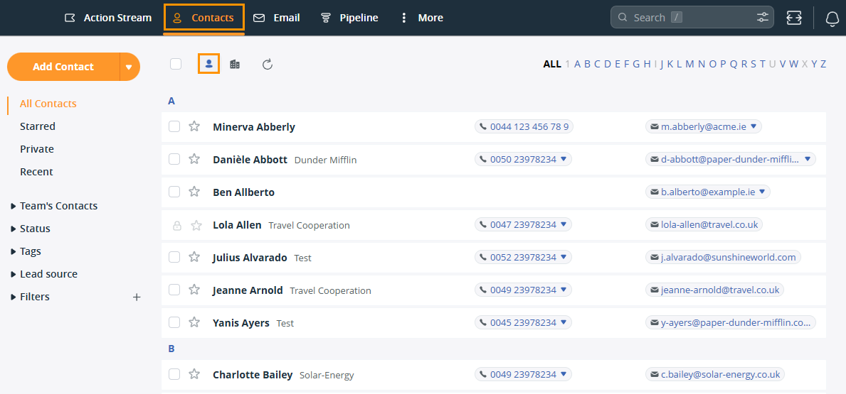 OnePageCRM | Contacts page | Contacts toggle
