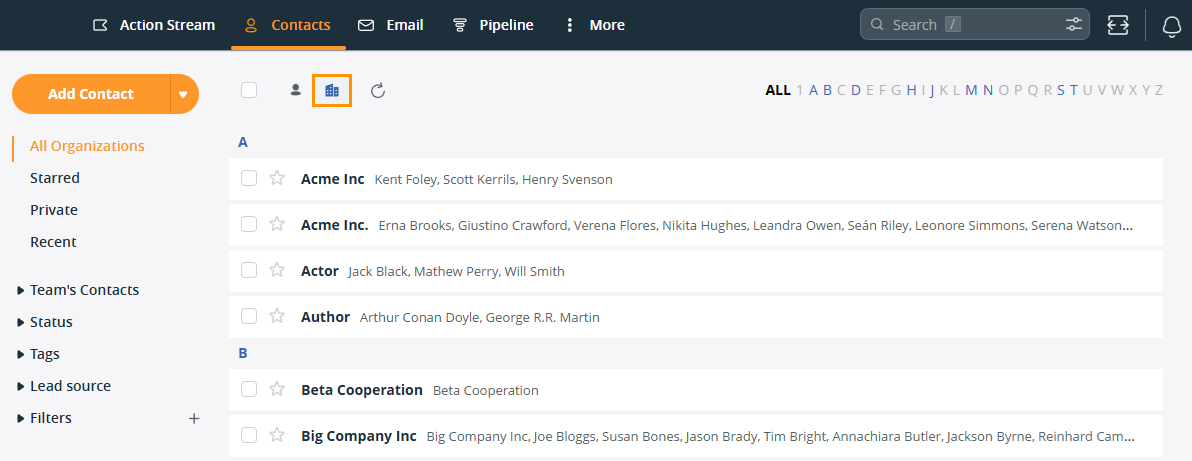 OnePageCRM | Contacts page | Organization toggle