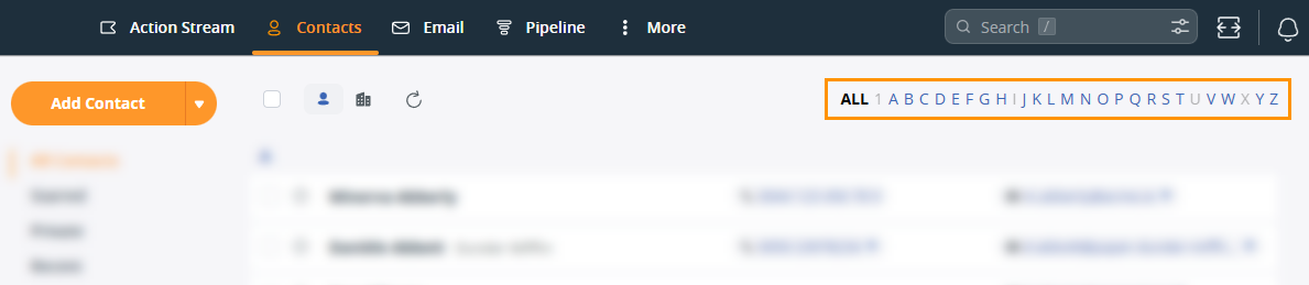 OnePageCRM | Contacts page | Alphabet filter