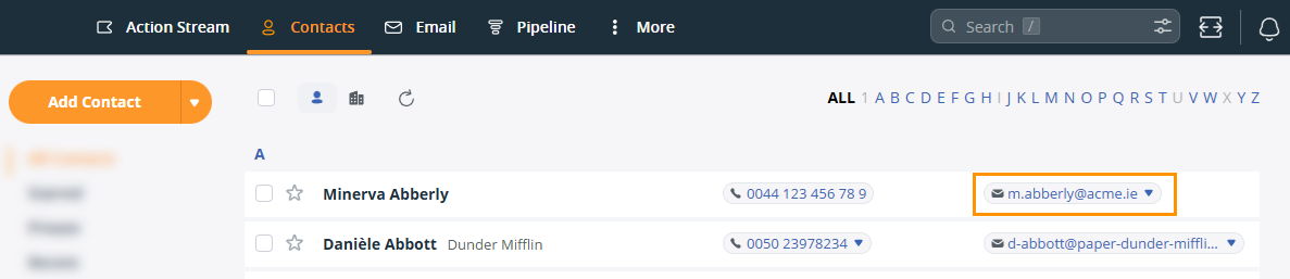 OnePageCRM | Contacts page | Contacts toggle | Email address