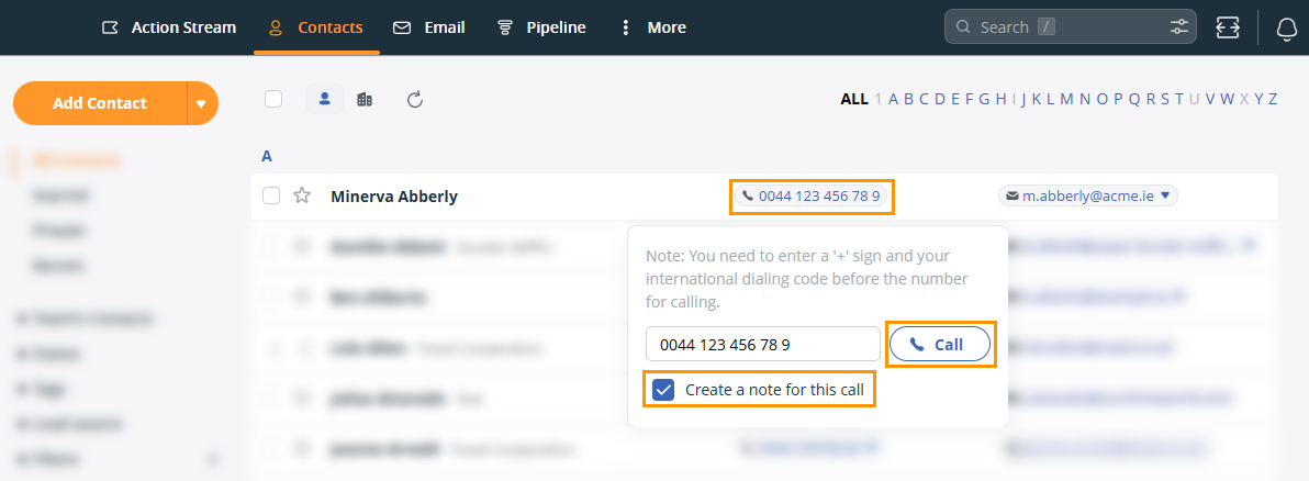 OnePageCRM | Contacts page | Contacts toggle | Phone number