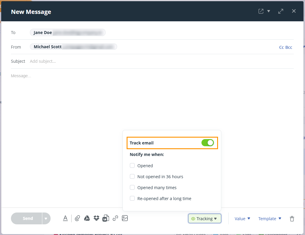 OnePageCRM | Email editor | Tracking dropdown extended at the bottom of the window | select the toggle to enable or disable open tracking for individual emails.