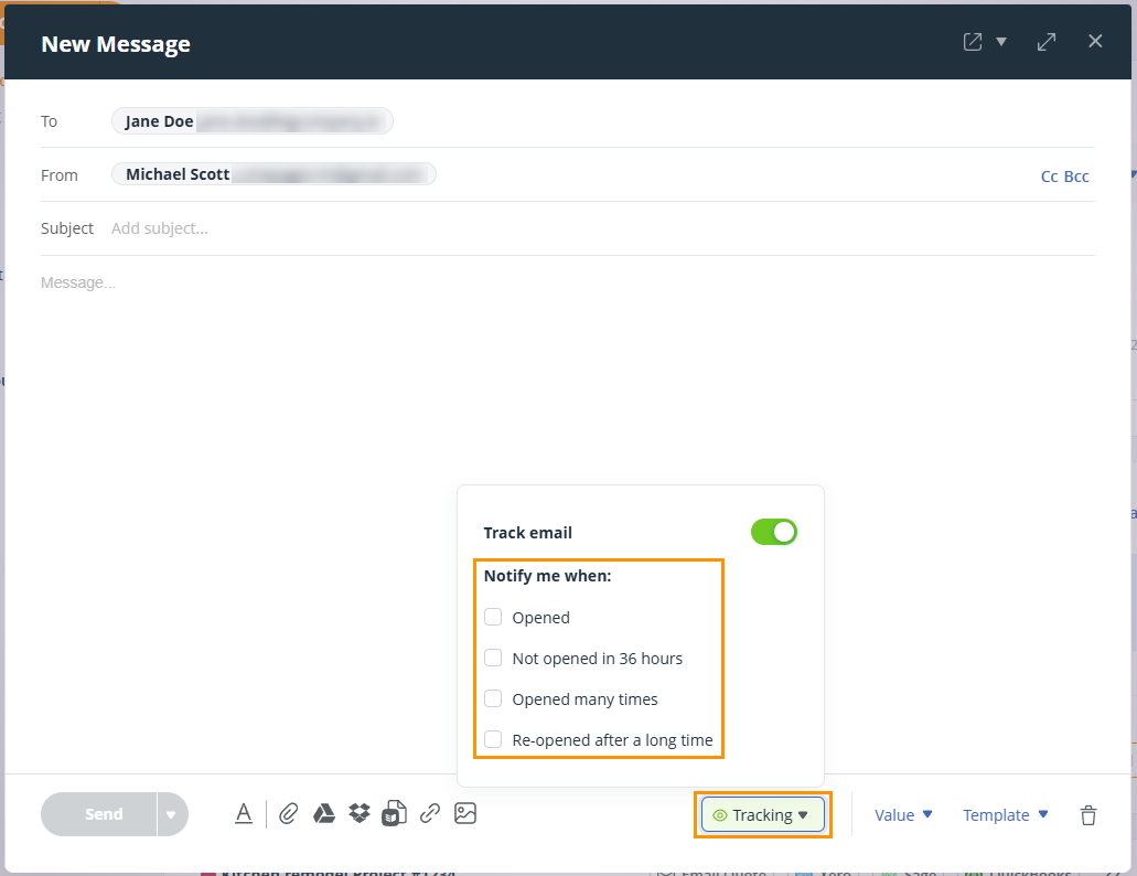 OnePageCRM | New Message pop-up window | open tracking enabled | click on Track at the bottom of the window to display the dropdown for the notification options.