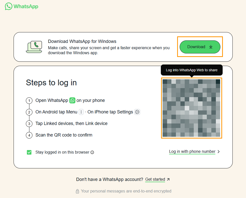 WhatsApp | Log in via displayed QR code or download the desktop app.