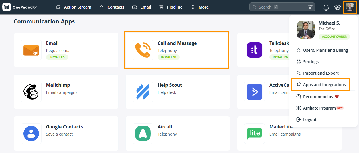 OnePageCRM | Apps and Integration page | Under Communication Apps, Call and Message is highlighted with an orange box.
