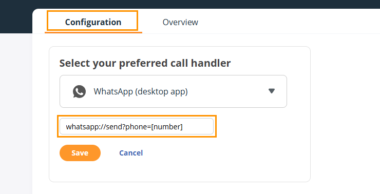 OnePageCRM | Click-to-Call Configuration page | add phone number to protocol syntax