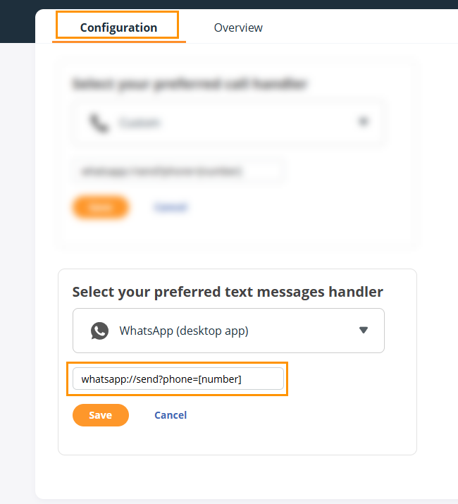 OnePageCRM | Click-to-Call Configuration page | add phone number to protocol syntax