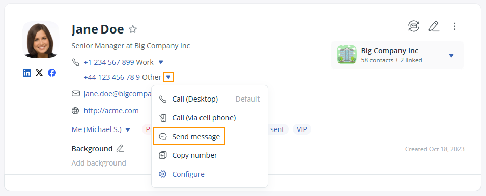 OnePageCRM | Contact profile | the phone numbers dropdown is extended and the Send message option is highlighted.