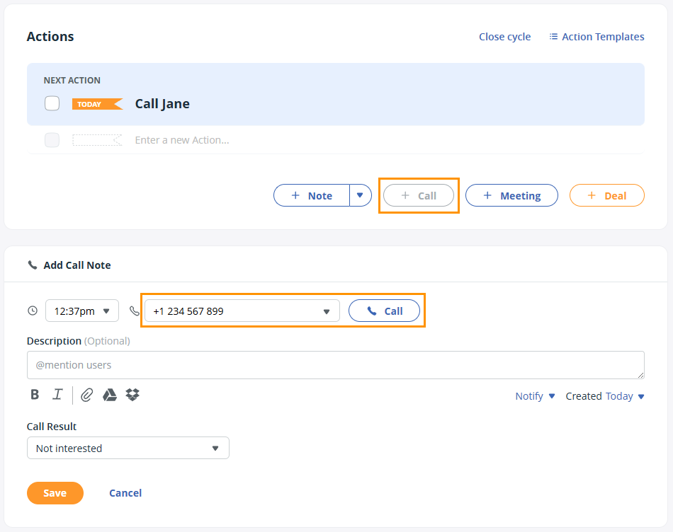 OnePageCRM | Contact profile | the +call button and call not are highlighted. To initiate a call select the Call button next to the phone number in the Call note section.