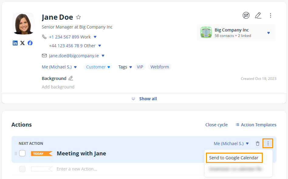 Contact Profile l hover over Next Action and select send to gCal.