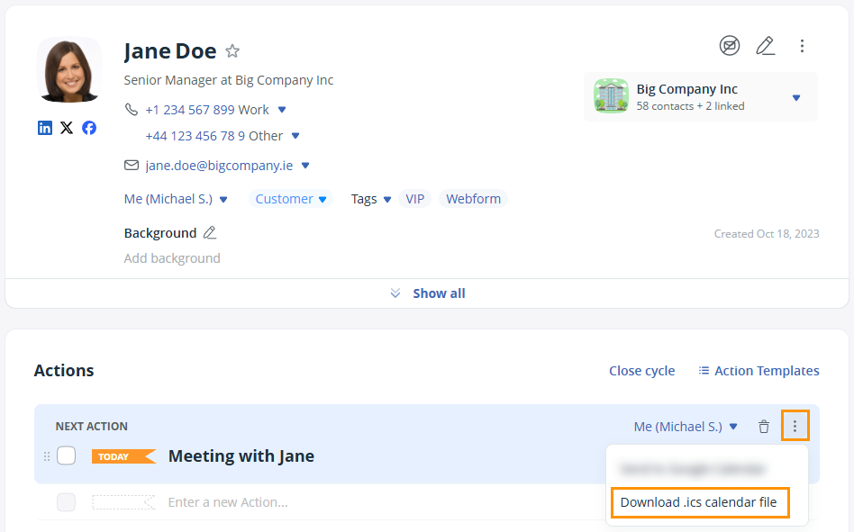 Contact Profile l hover over Next Action and select send to Outlook.