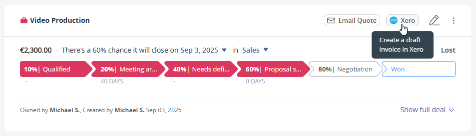 On a contact page, scroll down to a deal and click on the Xero button, to create an invoice or quote in Xero.