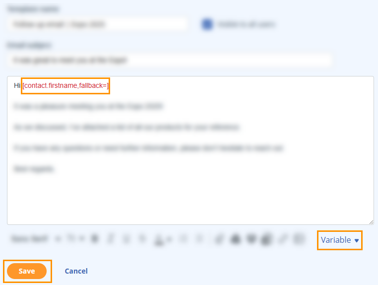 Email templates | Add variable to template