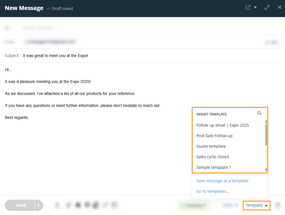 Message editor | Select email template from the dropdown and sent