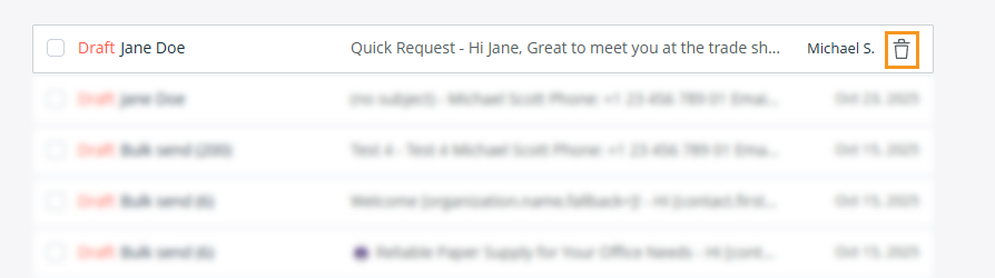 Email page | Drafts folder | Delete single draft by using the bin icon