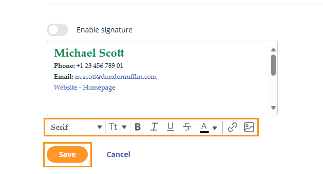 Email page | Configuration tab | Add/Edit signature