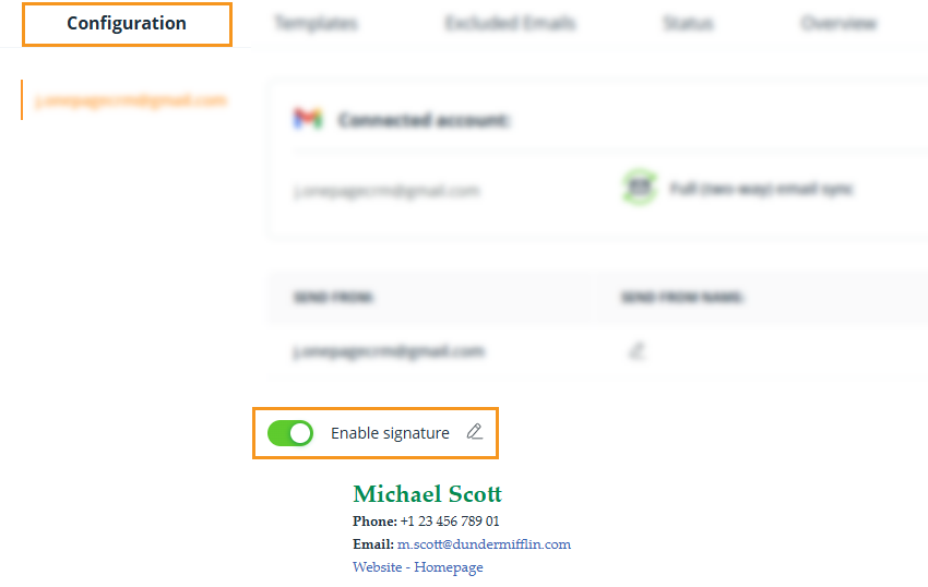 Email page | Configuration tab | Enable/Disable email signature