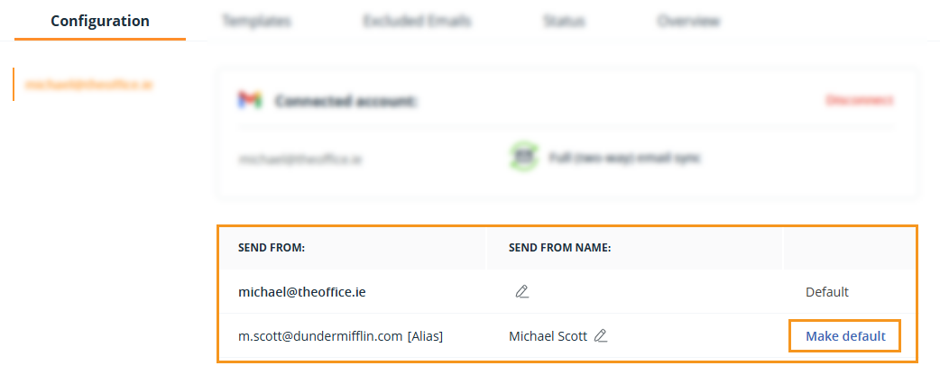 Email configuration page | Email alias make default