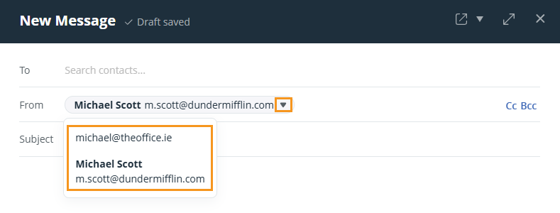 Email editor | New Message | Select email alias from dropdown