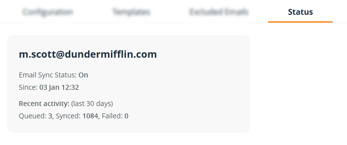 Email page | Status tab | Email sync status