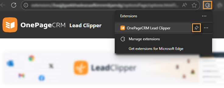 Microsoft Edge browser | Puzzel icon at the top | select the pin icon for the Lead Clipper extension