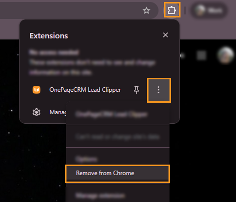 Google Chrome browser | Puzzle icon | select the 3-dots menu for OnePageCRM Lead Clipper | click on Remove from Chrome