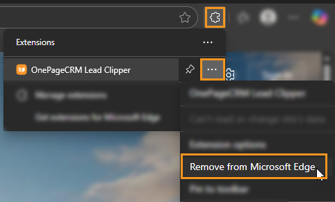 Microsoft Edge browser | Puzzle icon | select the 3-dots menu for OnePageCRM Lead Clipper | click on Remove from Microsoft Edge