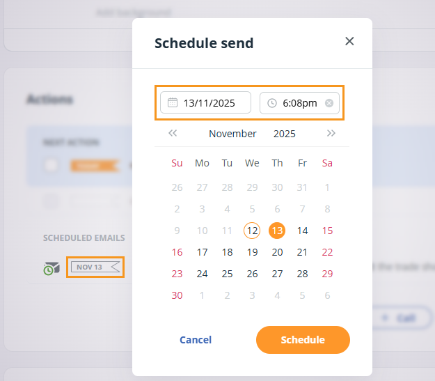 Contact profile | Select date flag in front of the scheduled email to reschedule the email.