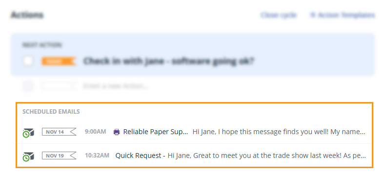Contact page | scheduled emails are displayed below the Next Action box