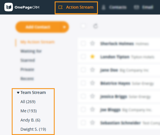 Action Stream | Team Stream dropdown on the left-hand-side