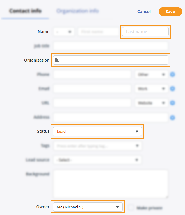 OnePageCRM | Create a contact | Create contact form
