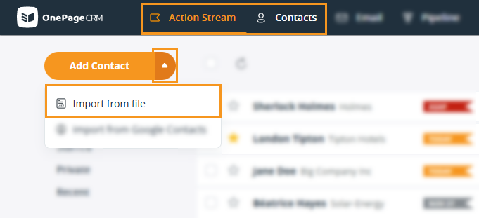 Action Stream | Add contact button dropdown | Import from file