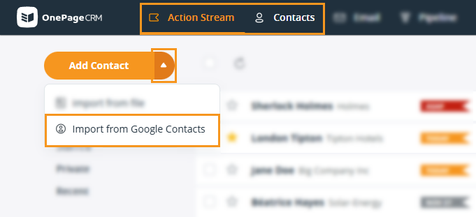 Action Stream | Add contact button dropdown | Import from Google Contacts