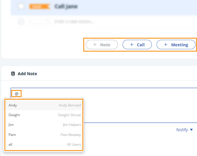Contact Page | Note section | add @ to notify crm users in notes