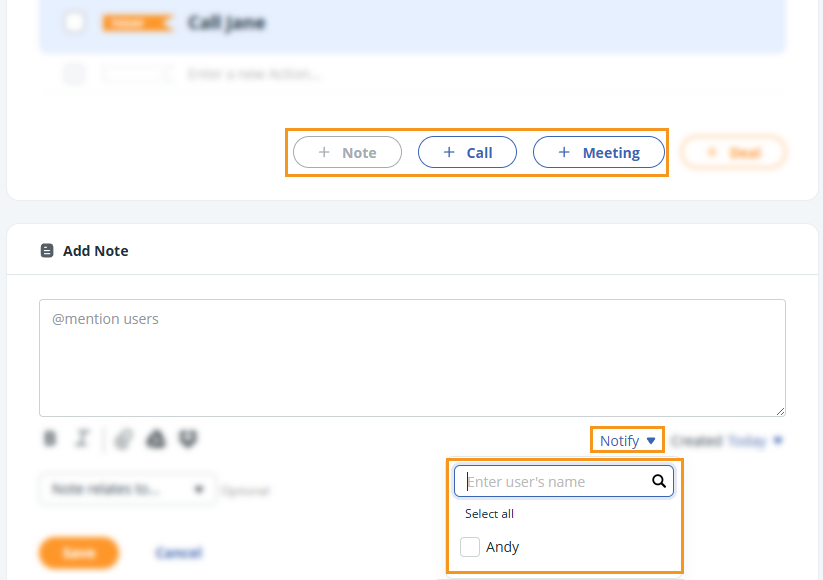 Contact Page | Note section | use the dropdown to notify crm users in notes