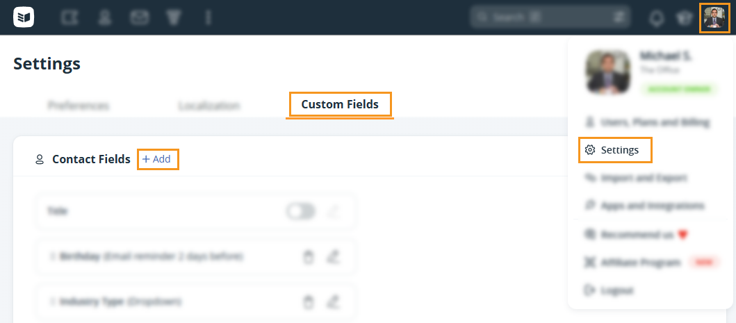 OnePageCRM | Settings page | Custom fields | + Add
