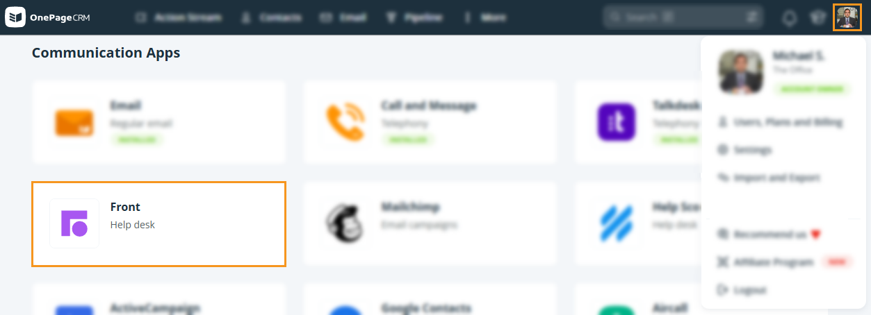 Apps and Integrations page | Front