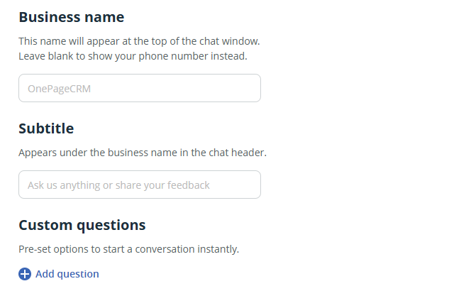 Configuration page | Add Business name, Subtitle, and Custom questions as needed.