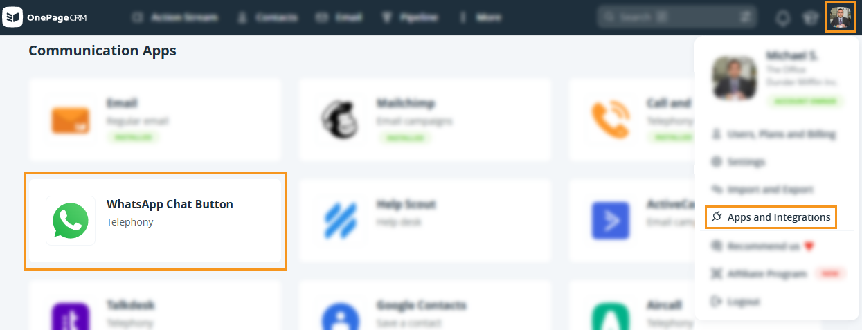 OnePageCRM | Apps and Integration | WhatsApp Chat Button