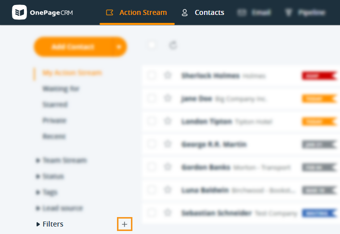 OnePageCRM | Action Stream page, select the plus icon from the left-hand side menu next to Filters.