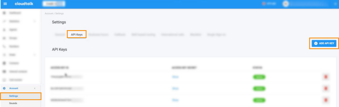 CloudTalk | Account | Settings | API Keys | + ADD API KEY