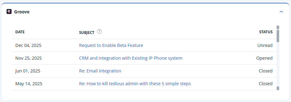 Expanded Groove widget with the data