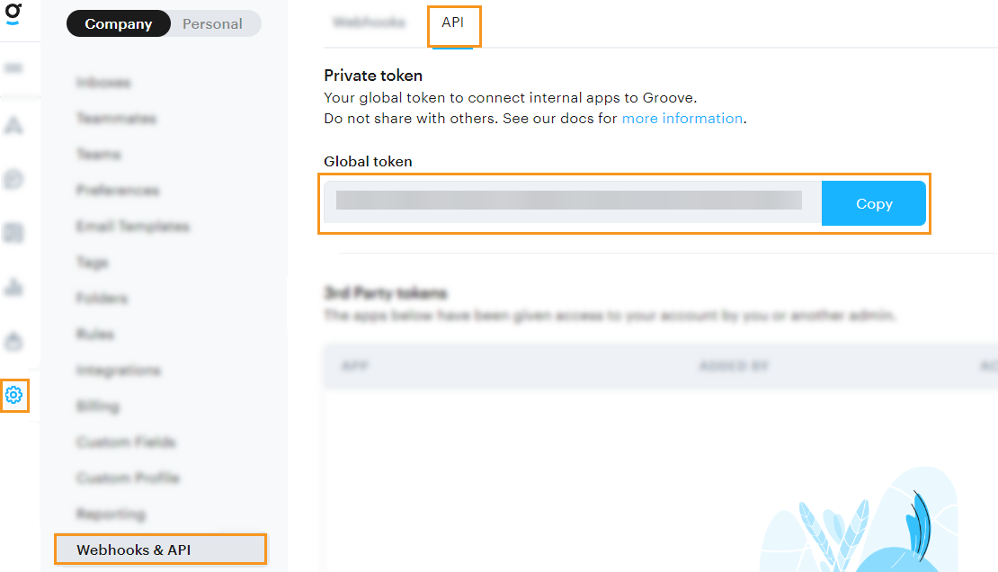 Groove | Settings | Webhooks & API page
