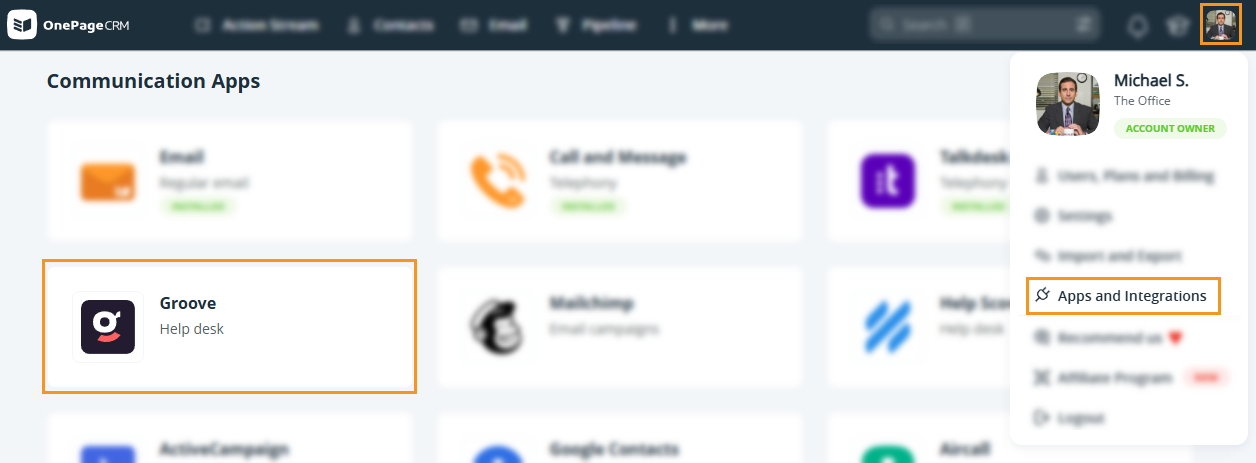 OnePageCRM | Apps and Integration page