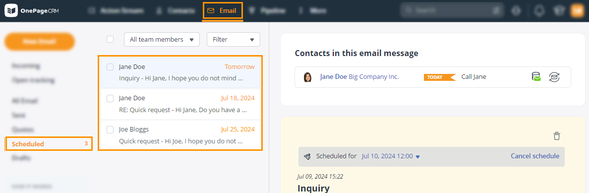 Email page | Scheduled folder