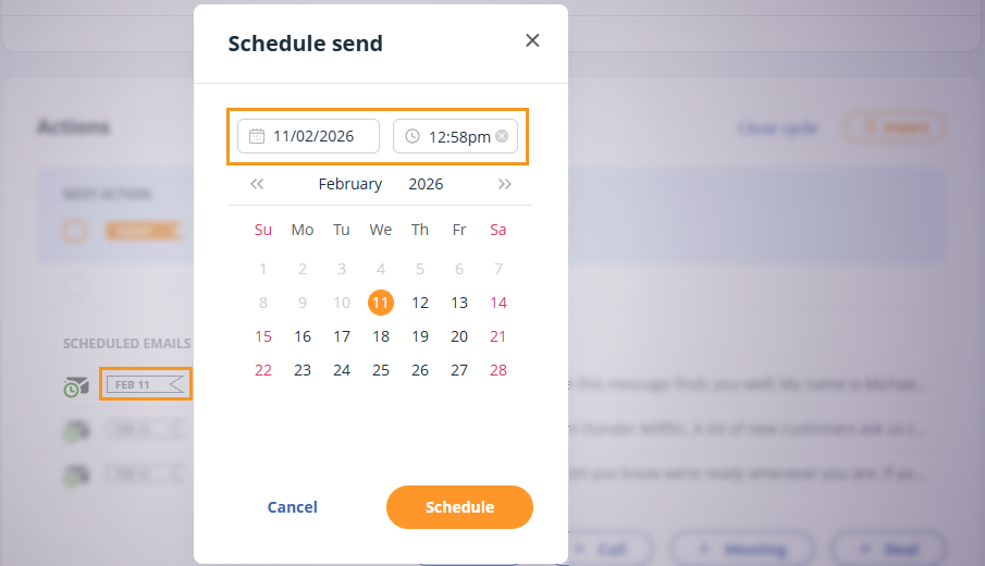 Contact profile | Select date flag in front of the scheduled email to reschedule the email.