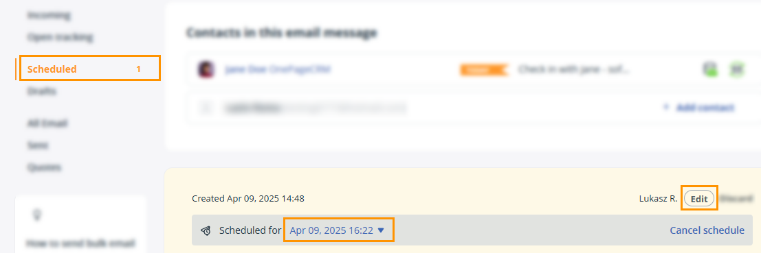 Editing scheduled emails on the Email page